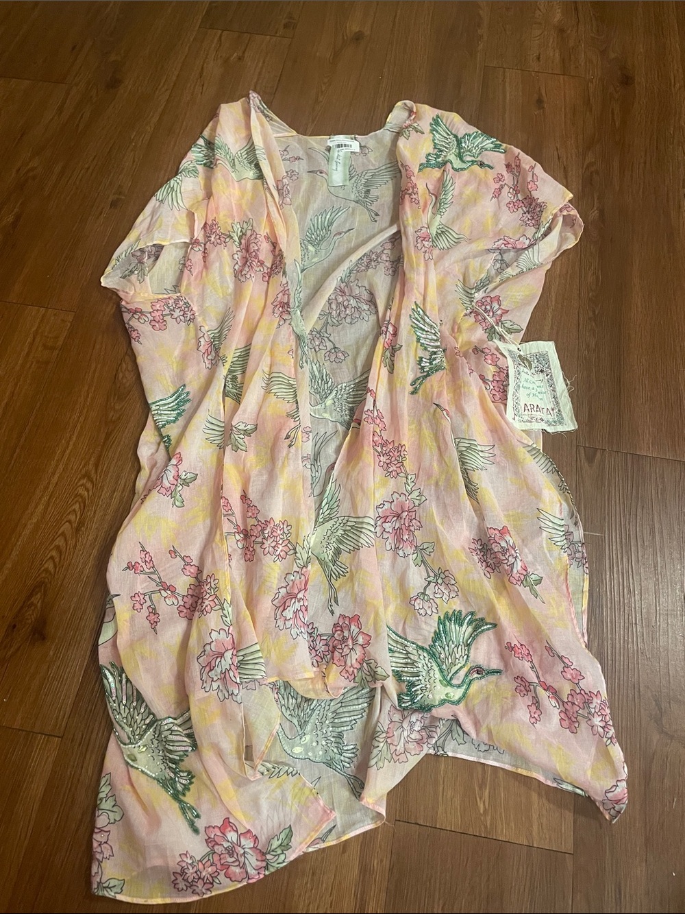 Aratta Pink Floral Kimono Top with Yellow and Green Accents